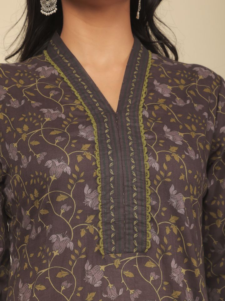 Soft Cotton Floral Straight Brown Kurta