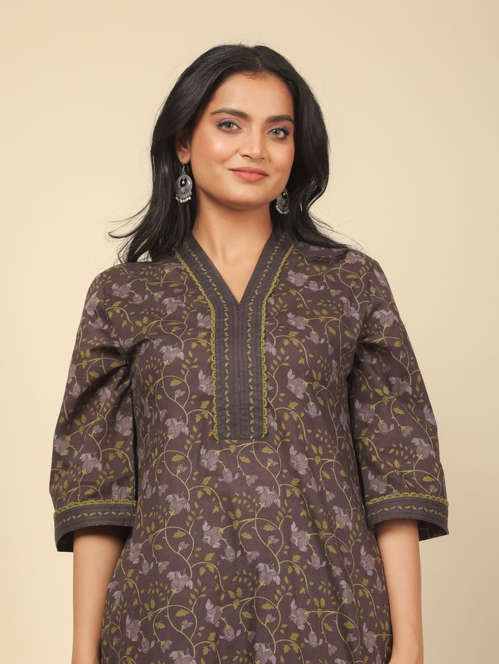 Soft Cotton Floral Straight Brown Kurta