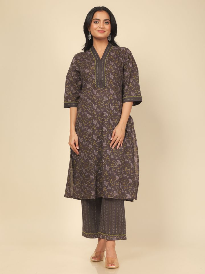Soft Cotton Floral Straight Brown Kurta