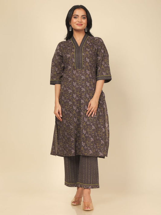 Soft Cotton Floral Straight Brown Kurta