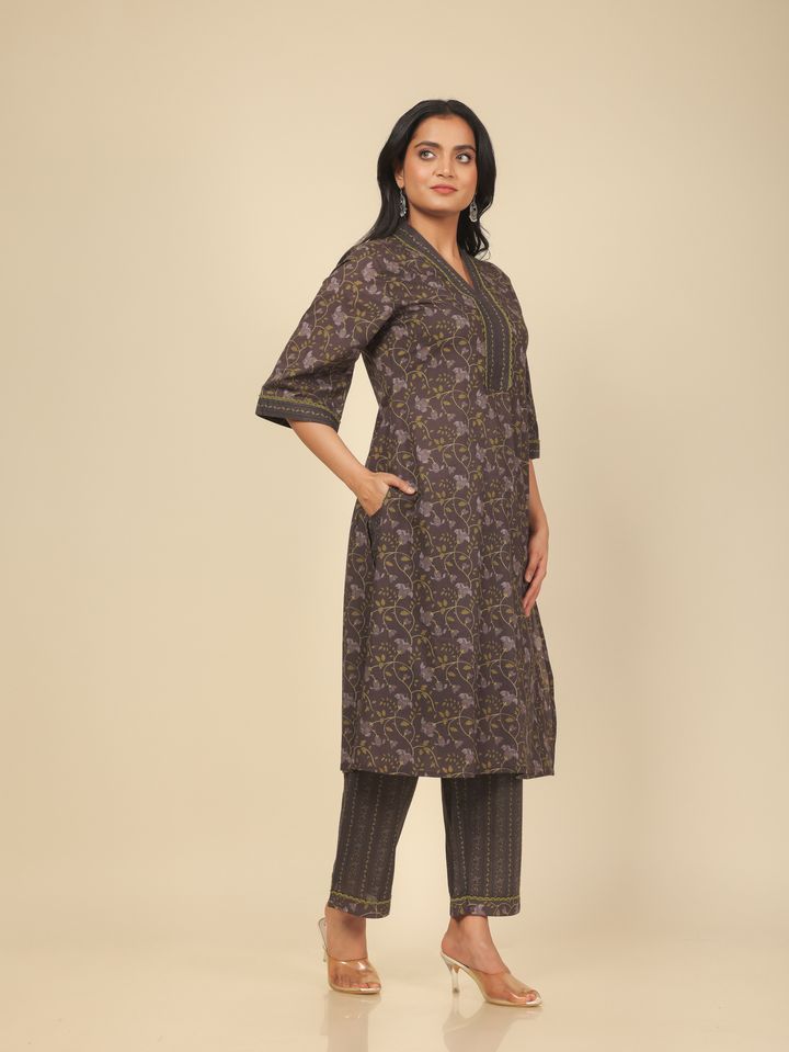 Soft Cotton Floral Straight Brown Kurta