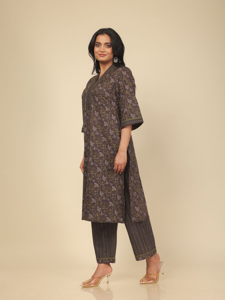 Soft Cotton Floral Straight Brown Kurta