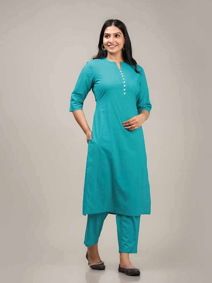 Soft Cotton Solid Straight Turquoise Kurta