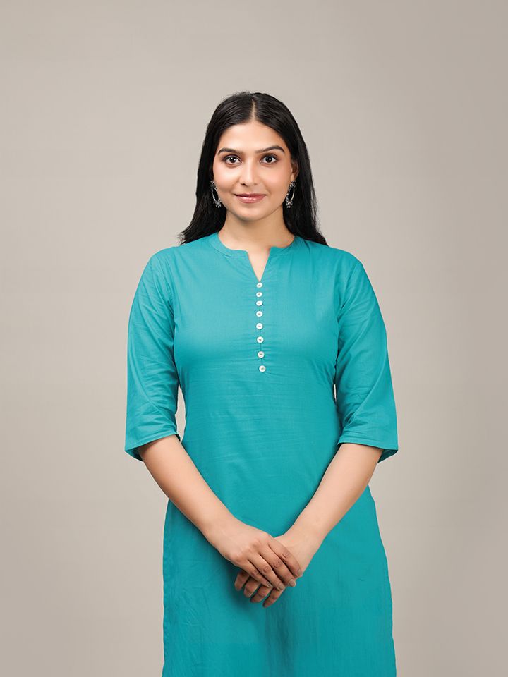 Soft Cotton Solid Straight Turquoise Kurta