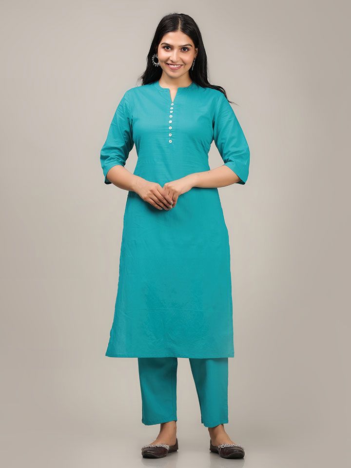 Soft Cotton Solid Straight Turquoise Kurta