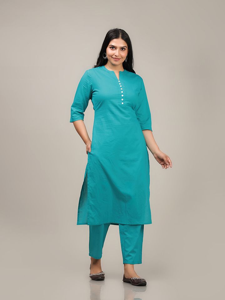 Soft Cotton Solid Straight Turquoise Kurta