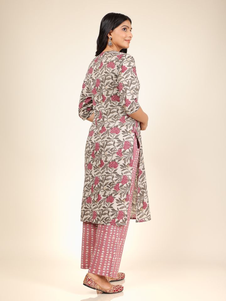 Soft Cotton Floral Straight Grey Kurta