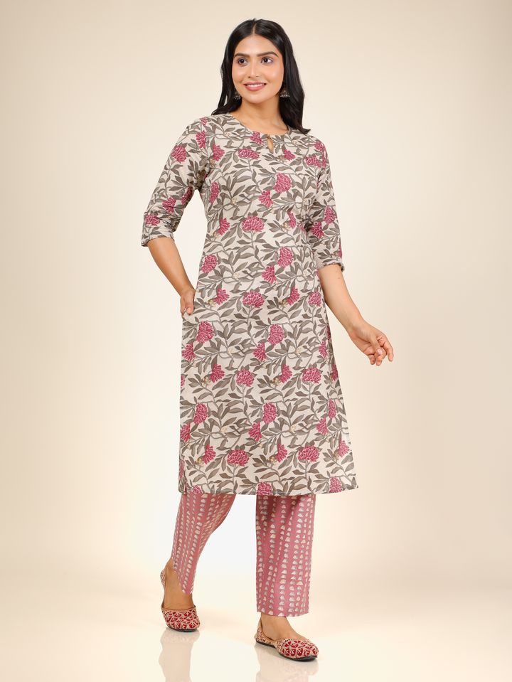 Soft Cotton Floral Straight Grey Kurta