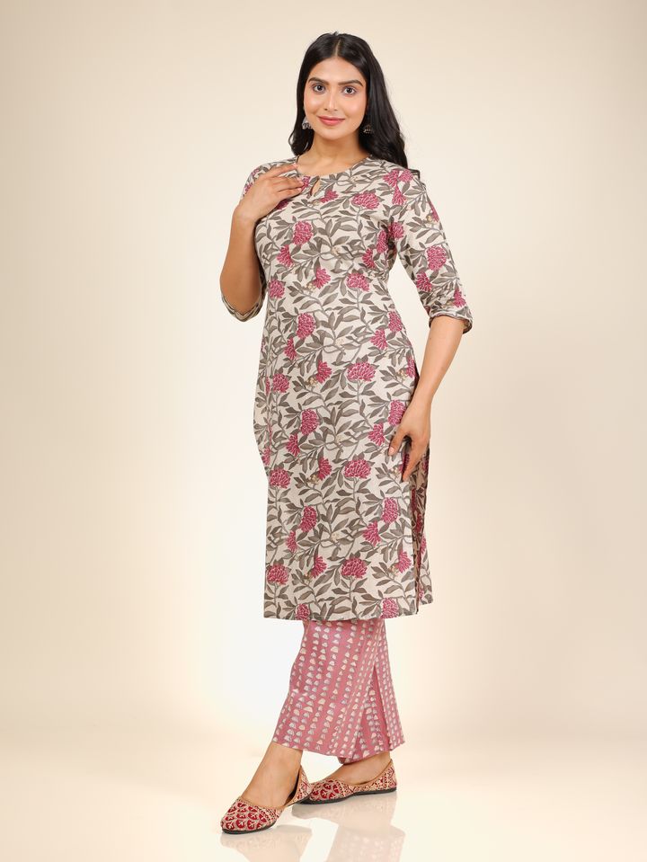 Soft Cotton Floral Straight Grey Kurta