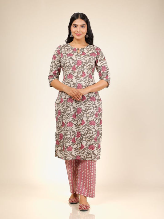 Soft Cotton Floral Straight Grey Kurta