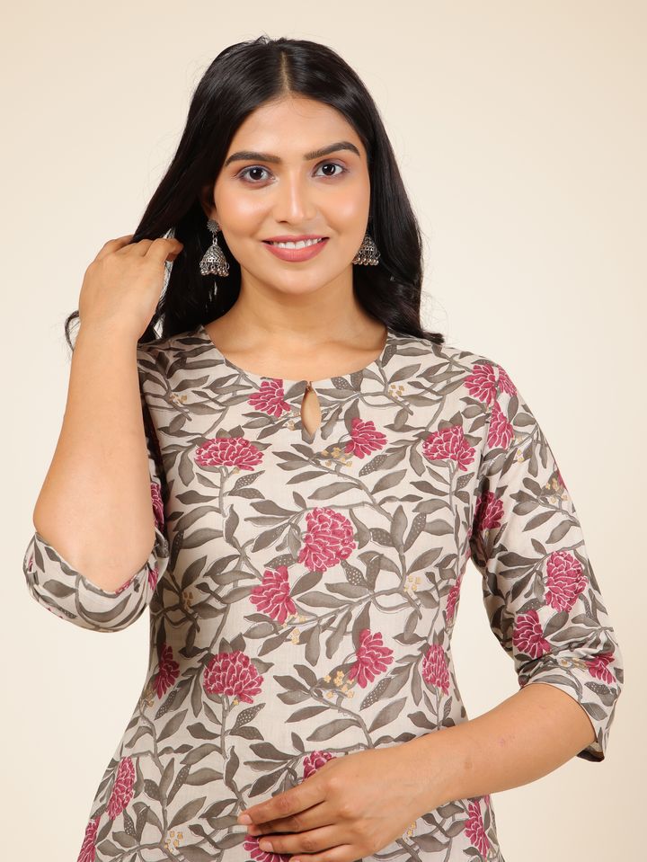 Soft Cotton Floral Straight Grey Kurta