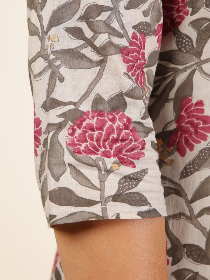 Soft Cotton Floral Straight Grey Kurta