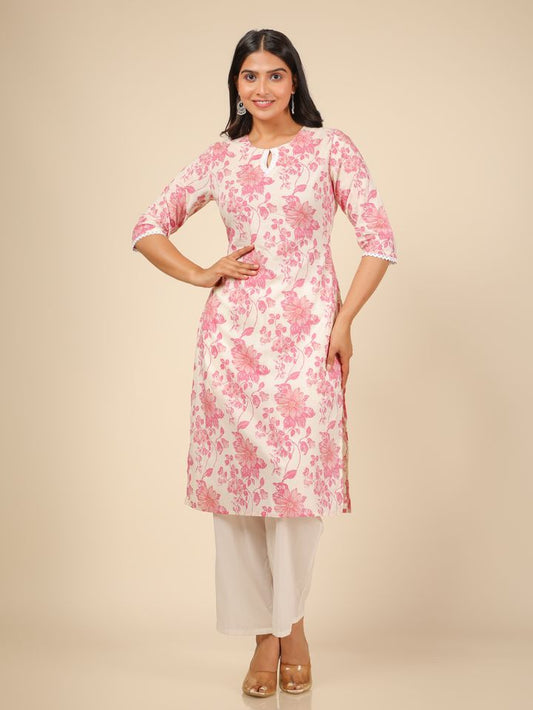 Soft Cotton Floral Straight White Kurta