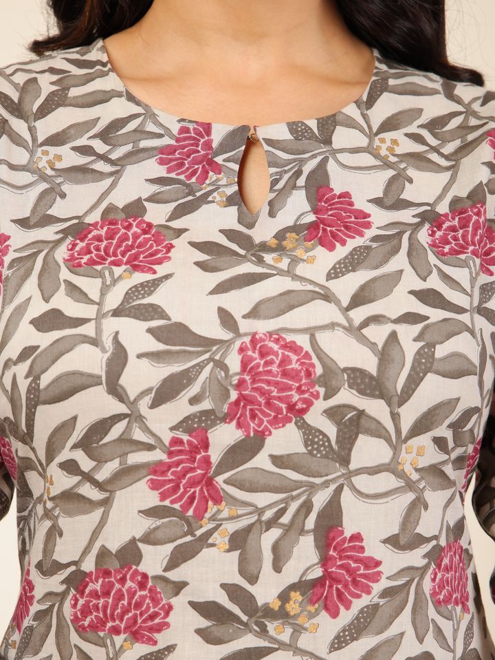 Soft Cotton Floral Straight Grey Kurta