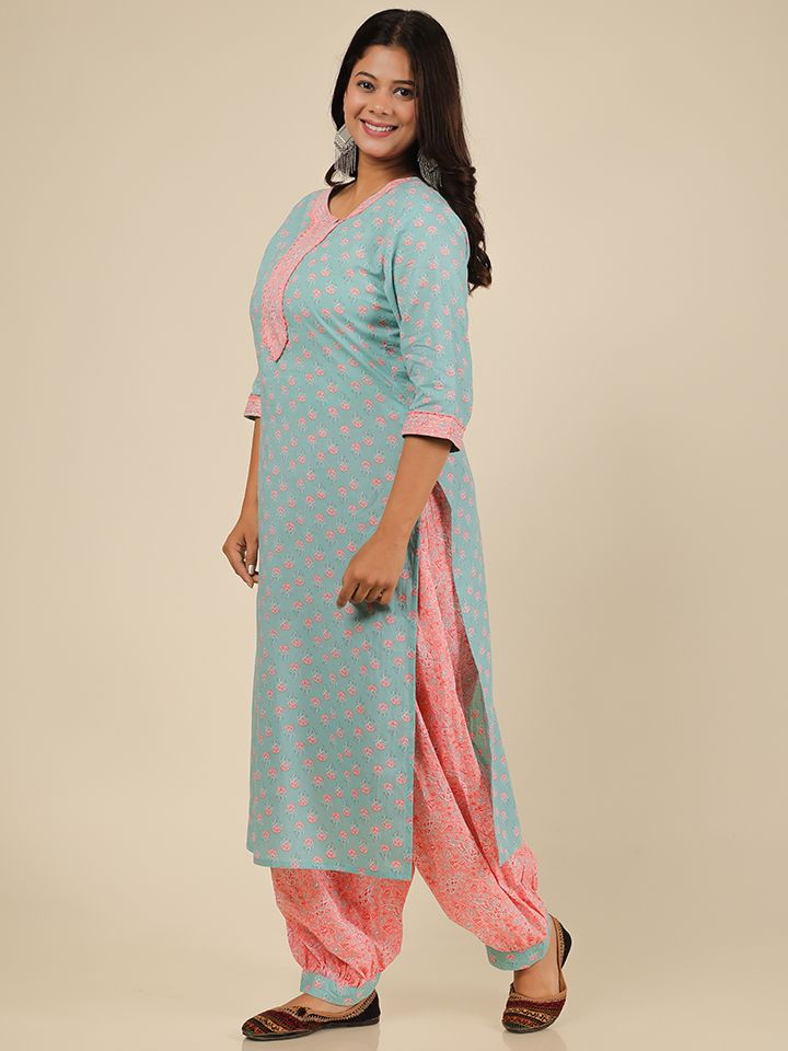 Soft Cotton Floral Straight Blue Kurta