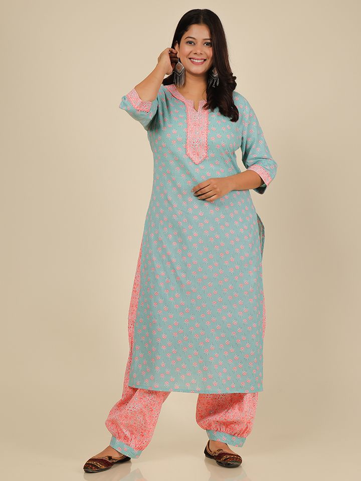Soft Cotton Floral Straight Blue Kurta