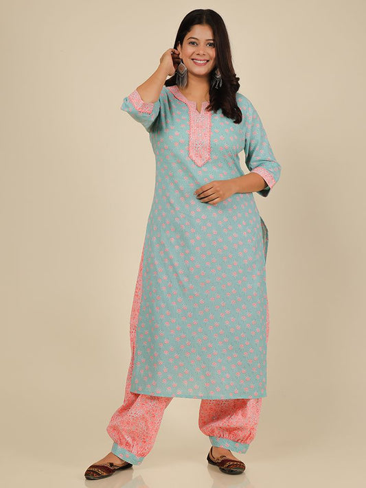 Soft Cotton Floral Straight Blue Kurta