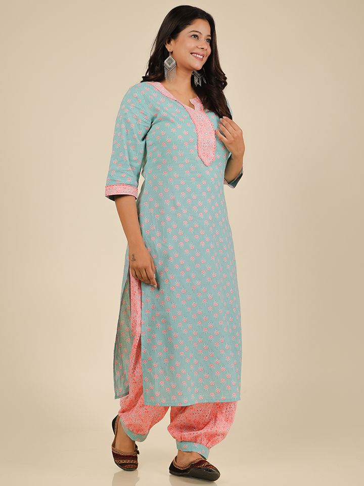 Soft Cotton Floral Straight Blue Kurta