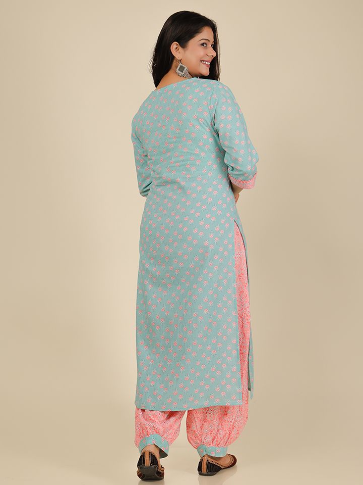 Soft Cotton Floral Straight Blue Kurta