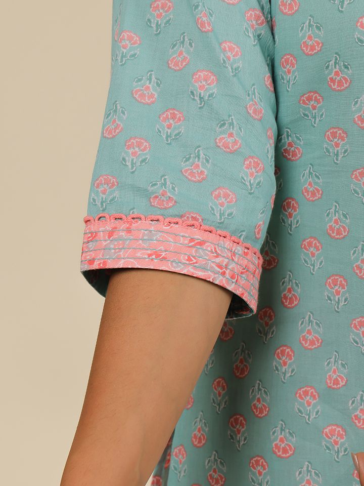 Soft Cotton Floral Straight Blue Kurta