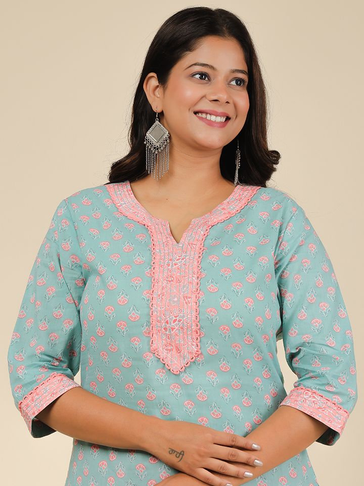 Soft Cotton Floral Straight Blue Kurta