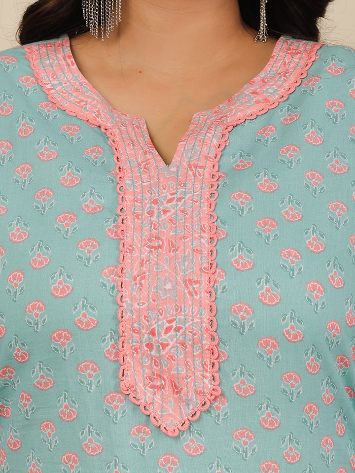 Soft Cotton Floral Straight Blue Kurta