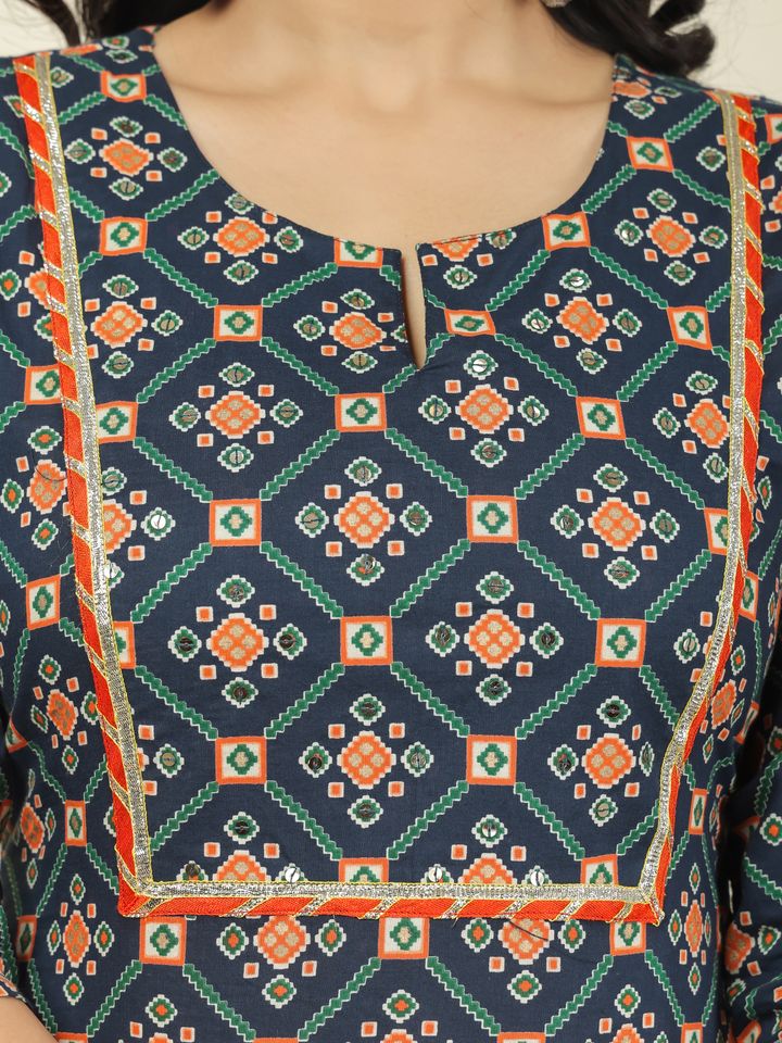 Soft Cotton Ikat Straight Blue Kurta