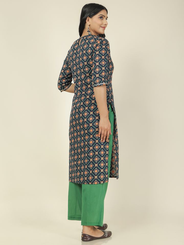 Soft Cotton Ikat Straight Blue Kurta