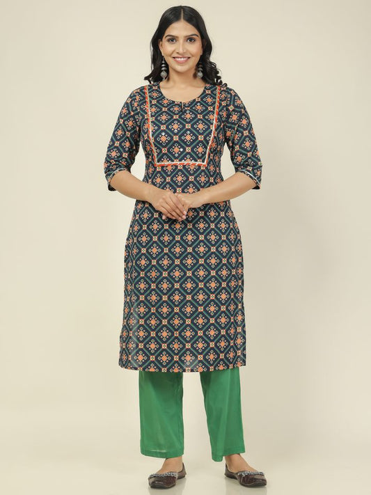 Soft Cotton Ikat Straight Blue Kurta