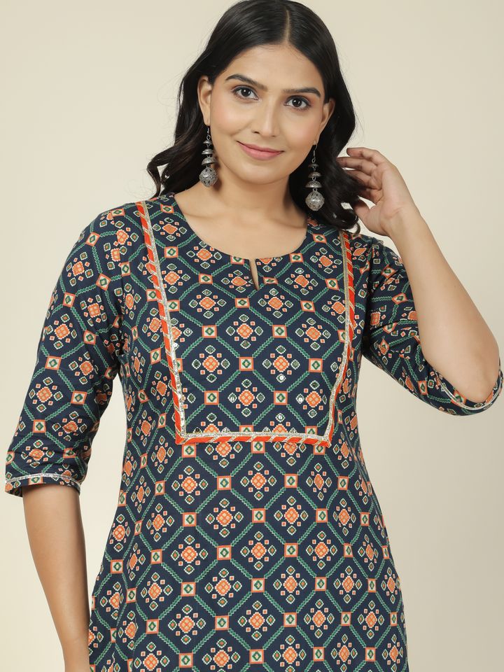 Soft Cotton Ikat Straight Blue Kurta