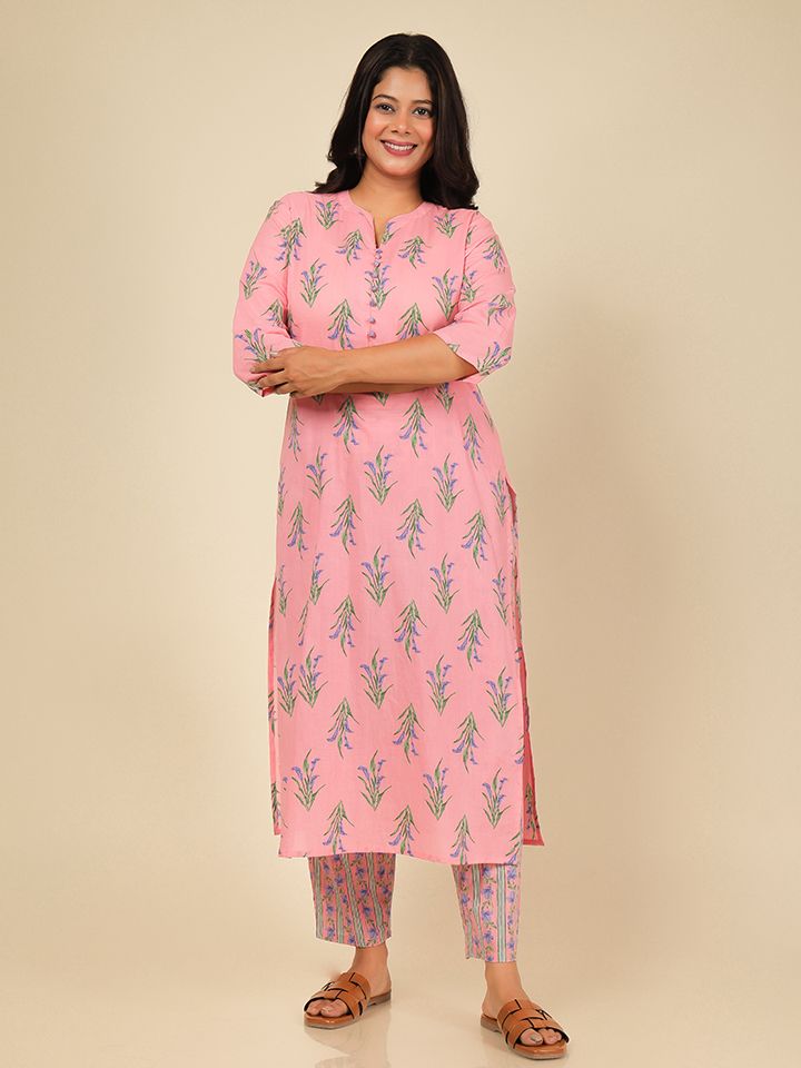Soft Cotton Floral Straight Pink Kurta