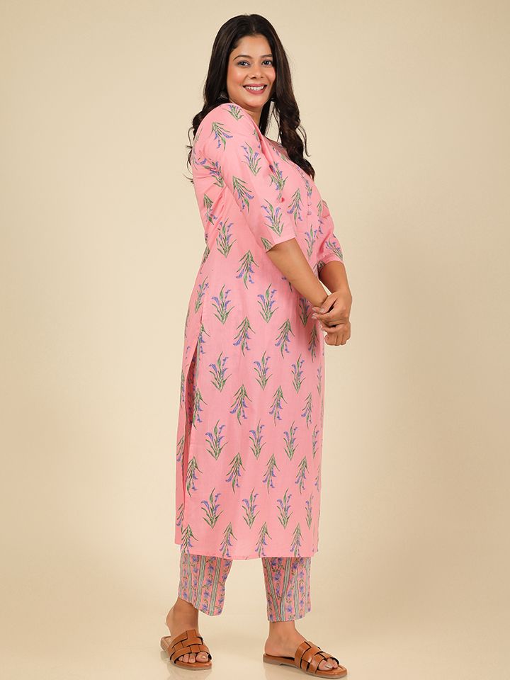 Soft Cotton Floral Straight Pink Kurta