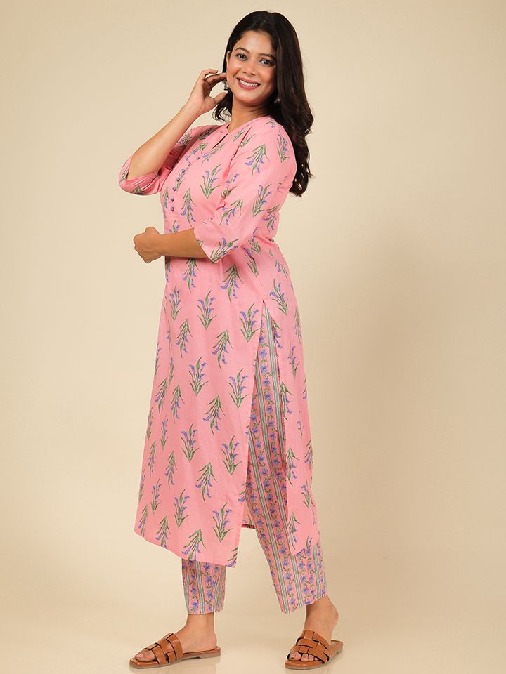 Soft Cotton Floral Straight Pink Kurta