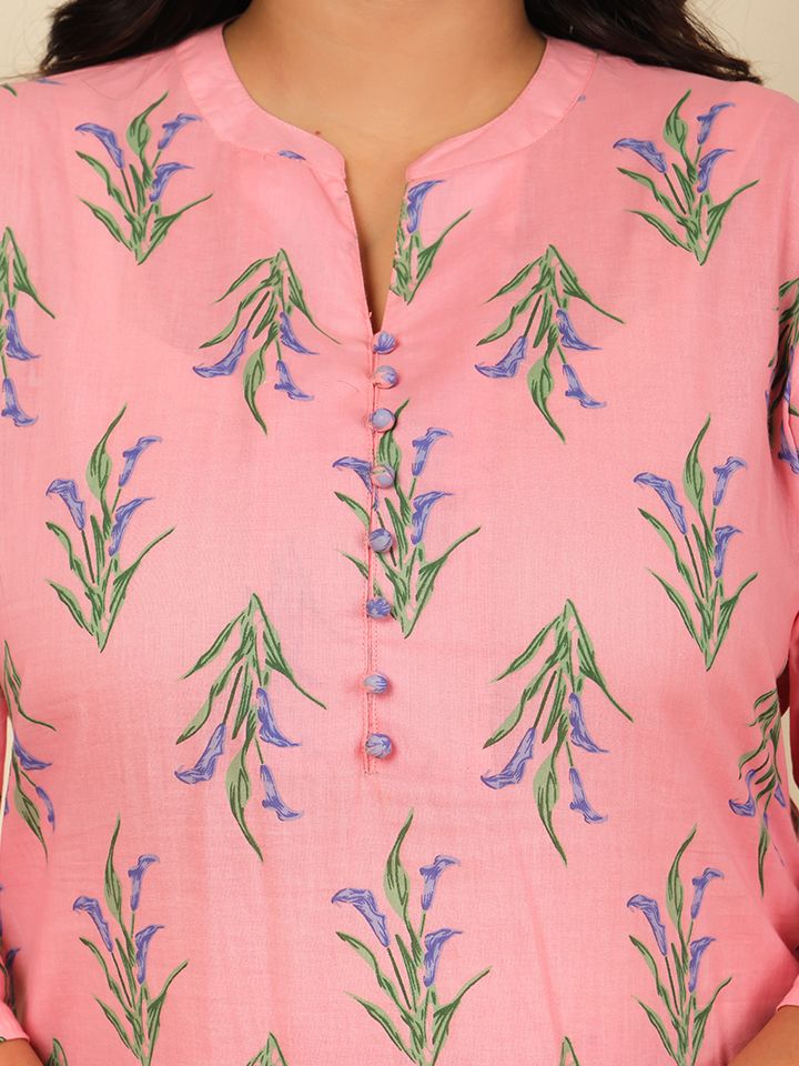 Soft Cotton Floral Straight Pink Kurta
