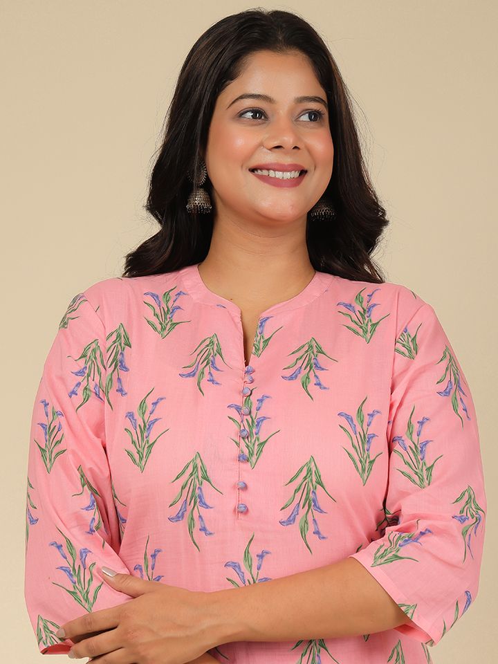 Soft Cotton Floral Straight Pink Kurta