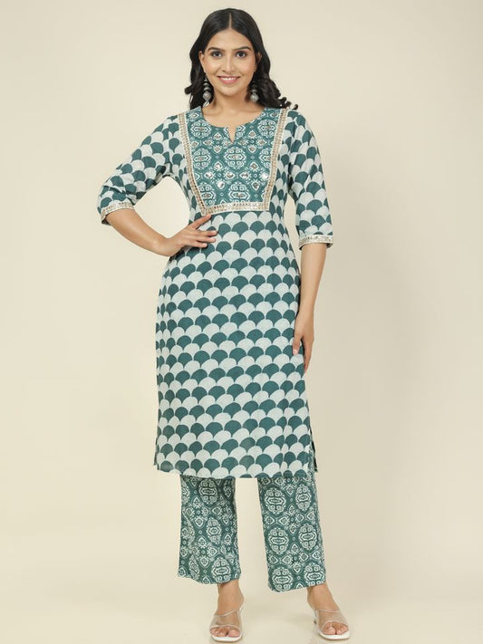Soft Cotton Geometric Straight Turquoise Kurta