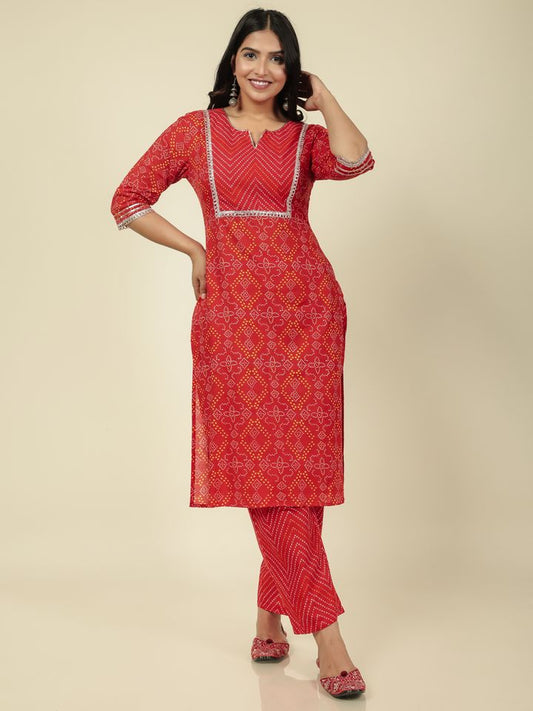 Soft Cotton Bandhani Straight Red Kurta
