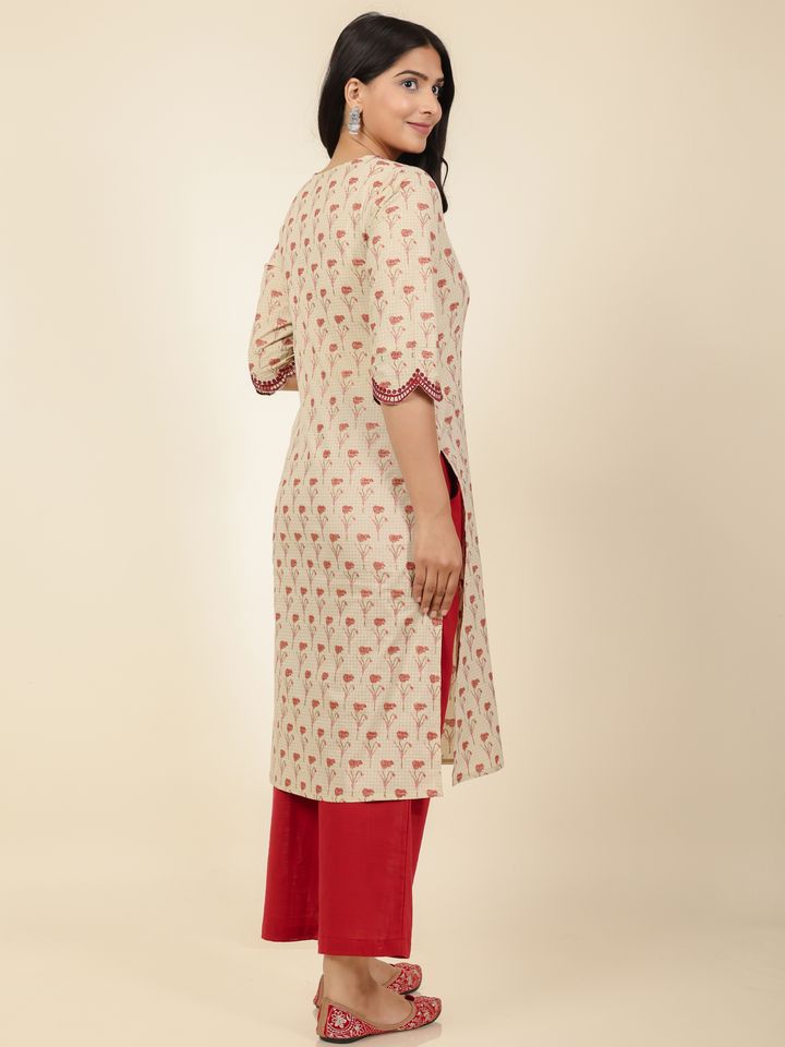 Soft Cotton Butti Straight Cream Kurta