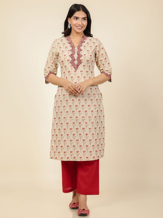 Soft Cotton Butti Straight Cream Kurta