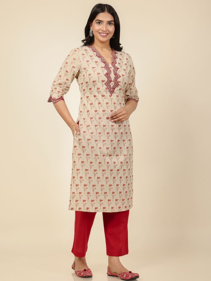Soft Cotton Butti Straight Cream Kurta