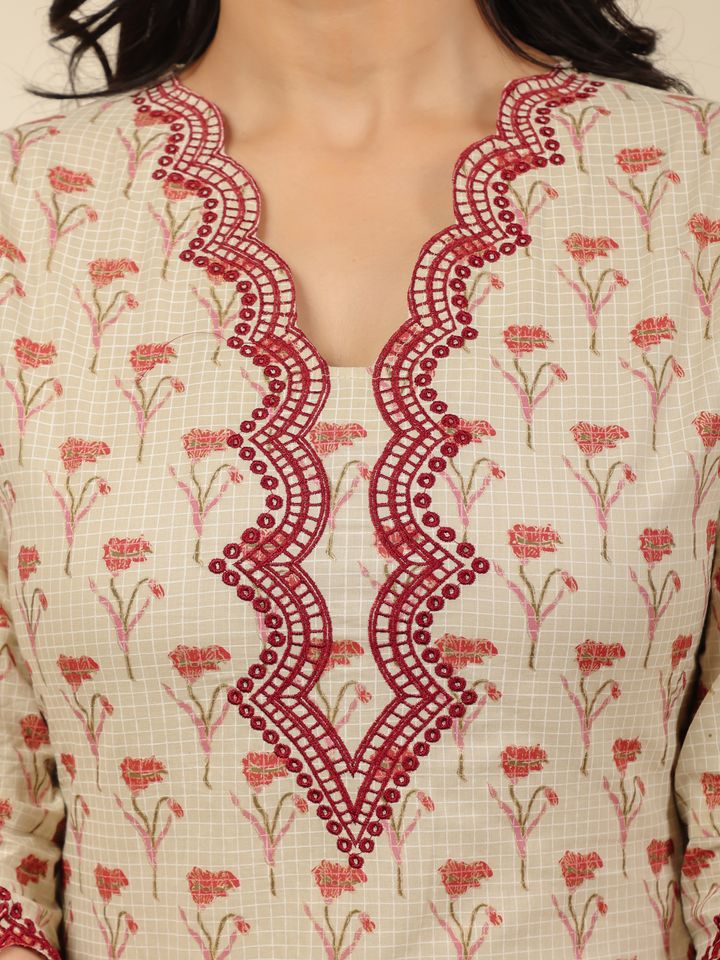 Soft Cotton Butti Straight Cream Kurta