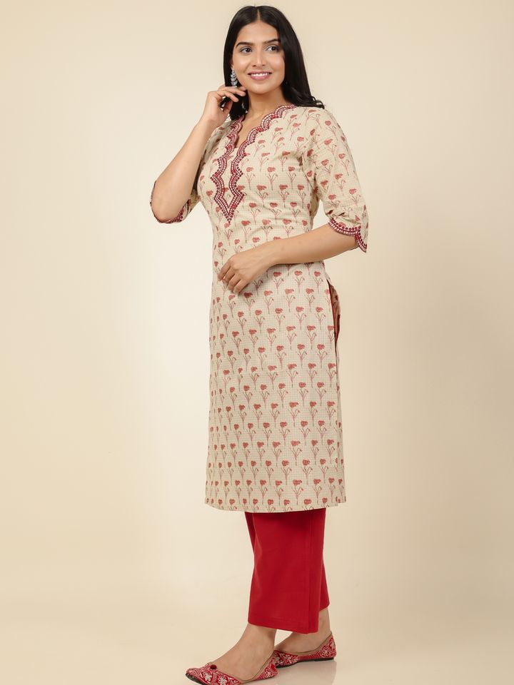 Soft Cotton Butti Straight Cream Kurta