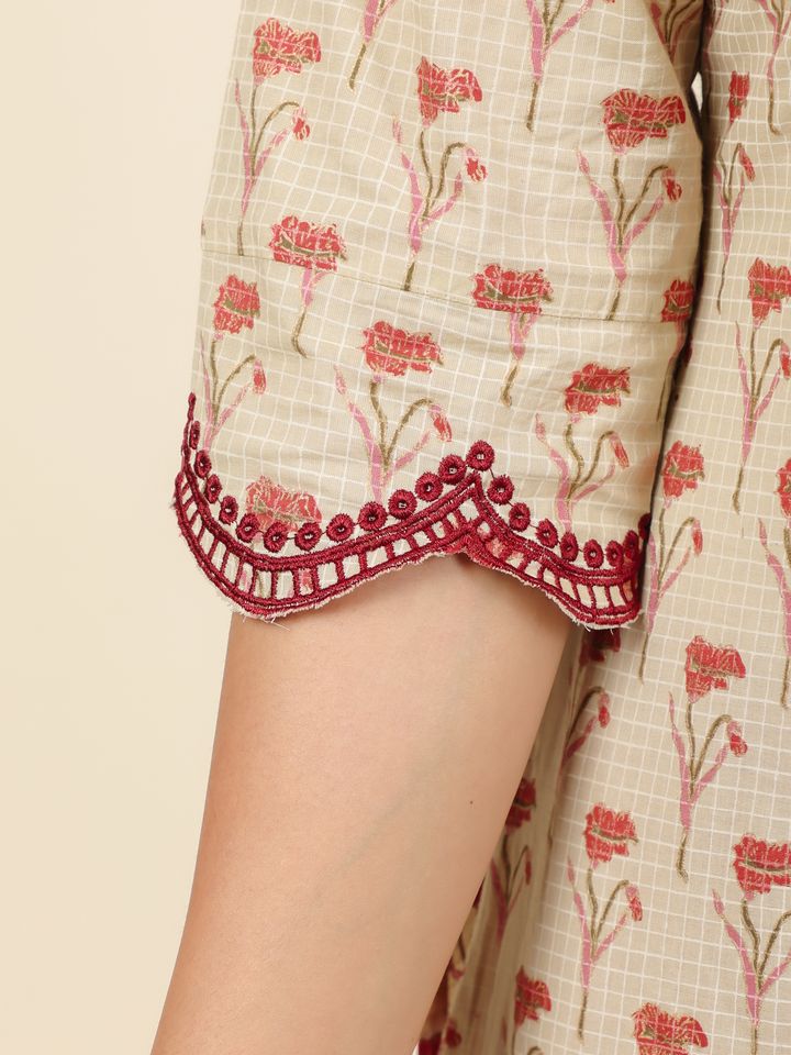 Soft Cotton Butti Straight Cream Kurta