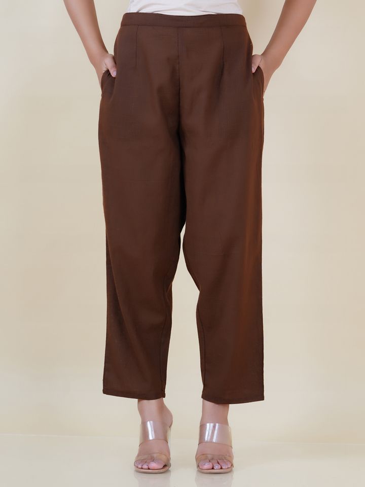 Natural Cotton Solid Brown Tapered Trousers