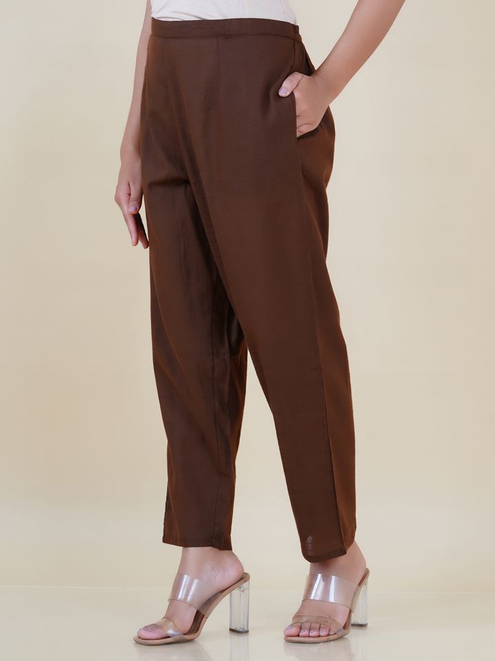 Natural Cotton Solid Brown Tapered Trousers