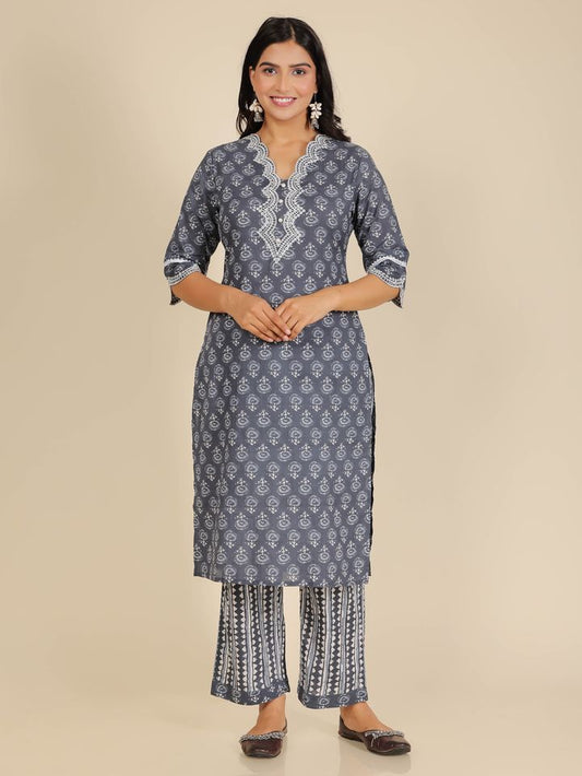 Embroidered Soft Cotton Block Print Straight Grey Kurta