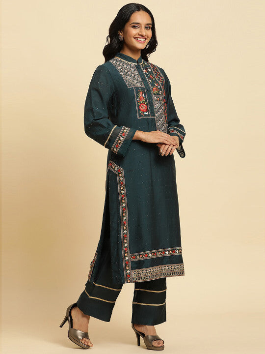 WISHFUL Floral Embroidered Mandarin Collar Kurta with Trousers & Dupatta