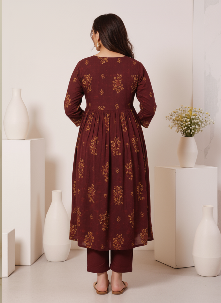 Viscose Floral Anarkali Maroon Kurta