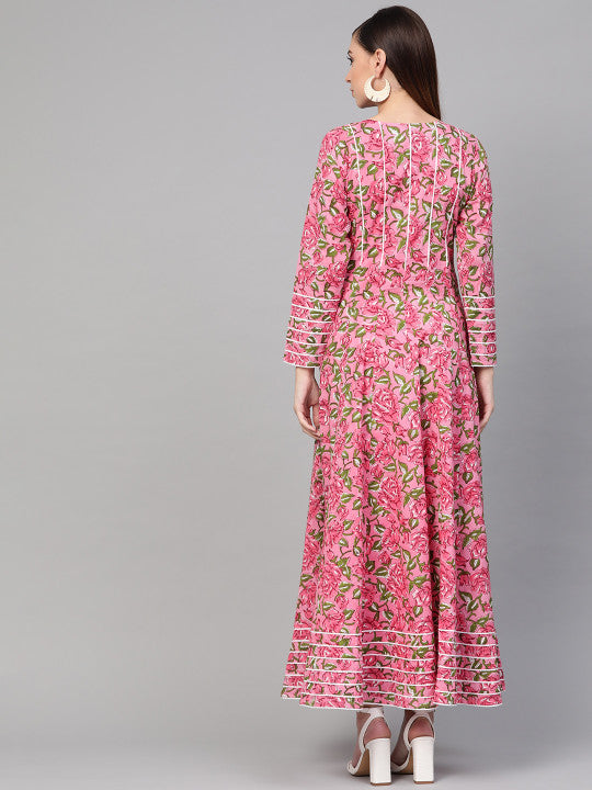Idalia Women Pink & Green Hand Block Print Maxi Dress