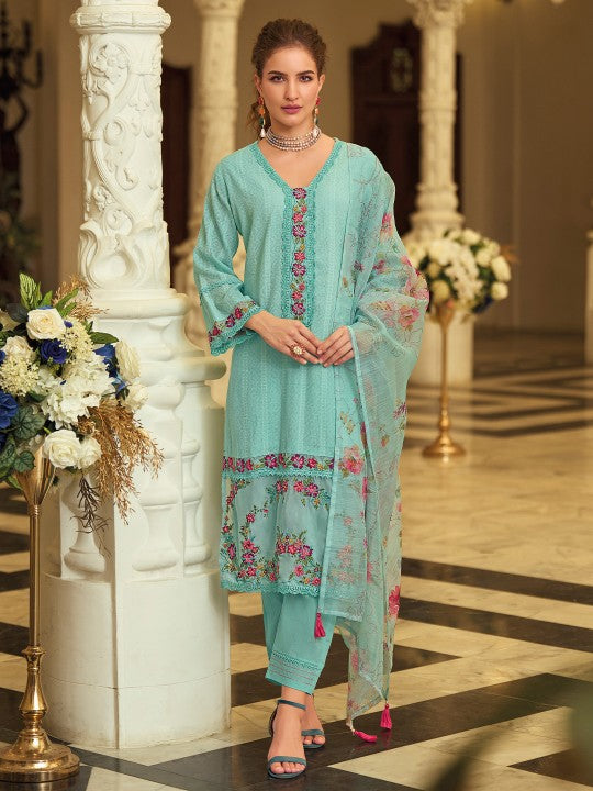 Varanga Women Floral Printed Cotton Kurta with Trousers & Dupatta